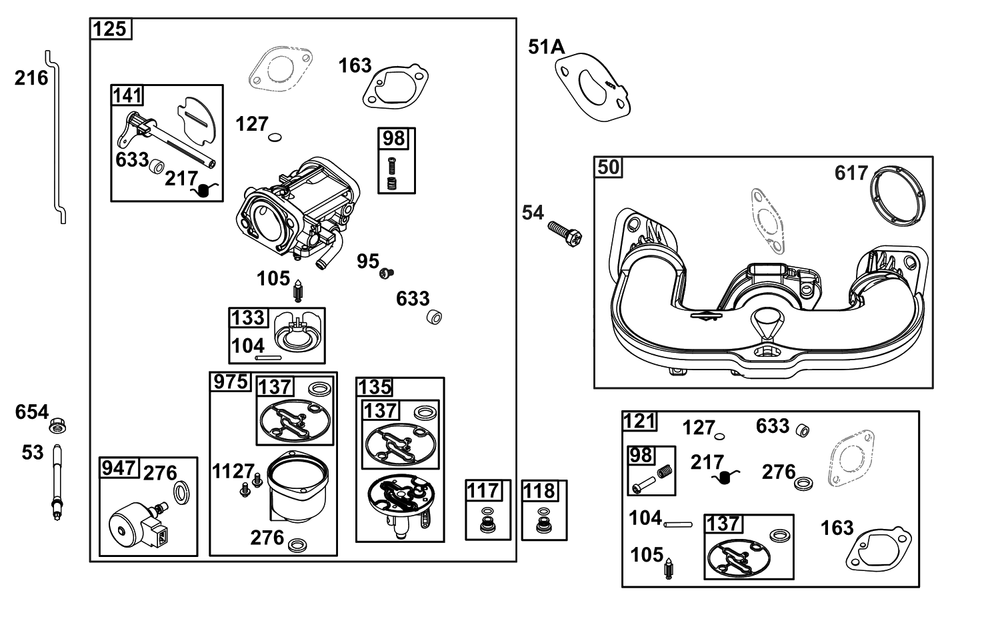 Carburetor Group Diagram and Parts List for 44J677-0015-G1  Briggs and Stratton Engine